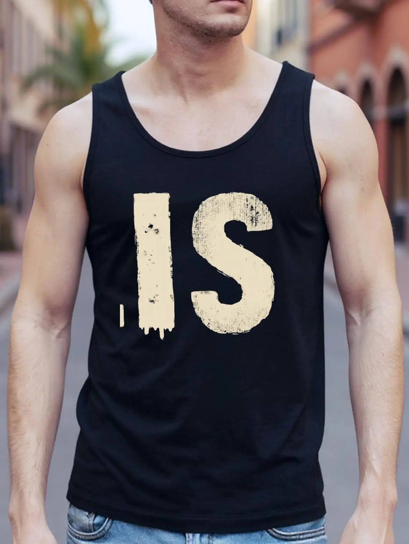 Men's sleeveless vest - Heavyweight 100% pure cotton shirt, retro IS letter print, breathable and fitted muscle T-shirt