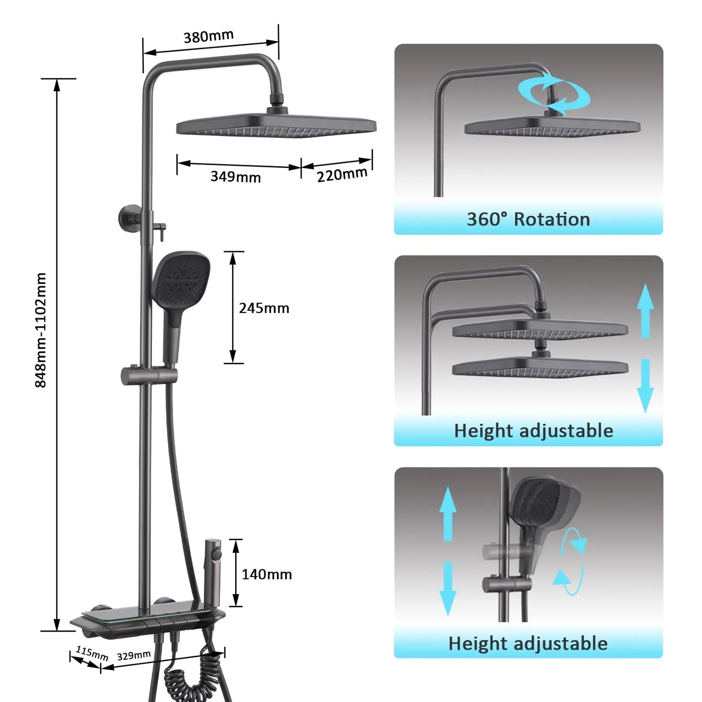Smart LED Digital Display Temperature Rainfall Bathroom Shower System Gun Grey Brass Wall-Mounted  Thermostatic Shower Set