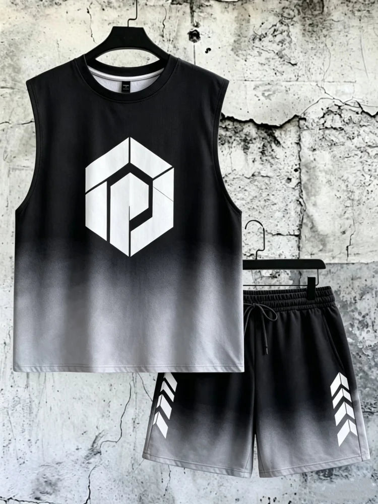 Men's Gradient Geometric Print Sleeveless Tank & Shorts Set, Loose Comfort Sports Outfit